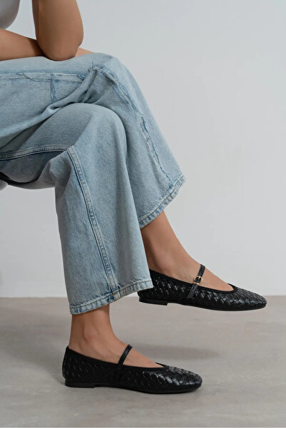 Cochines Μαύρες ματ πλεκτές γυναικείες μπαλαρίνες Jeremi με λεπτομέρεια ζώνης...