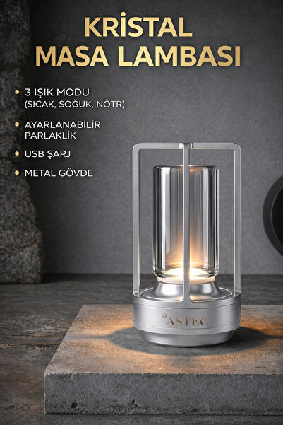 ASTEC Gümüş Kristal Masa Lambası Şarjlı LED – 3 Renk Modlu, Dokunmatik, Type-...