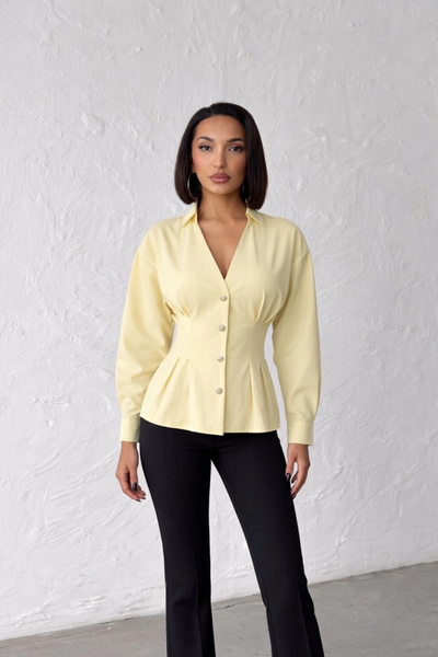 Lusin Women's Lemon Yellow Buttoned V-Neck Shirt with Pleated Waist and Penci...