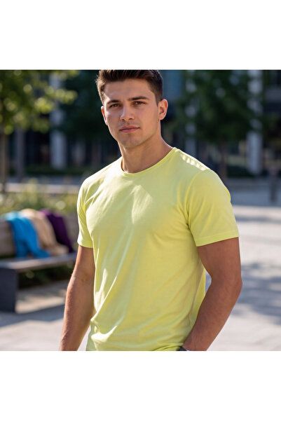 QualiTee Erkek Açık Sarı Basic T-Shirt Bisiklet Yaka Slim Fit Pamuklu Günlük ...