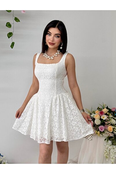 Dilek Vardar Λευκό Γυναικείο Μίνι Φόρεμα με Χοντρές Τιράντες και Δαντέλα