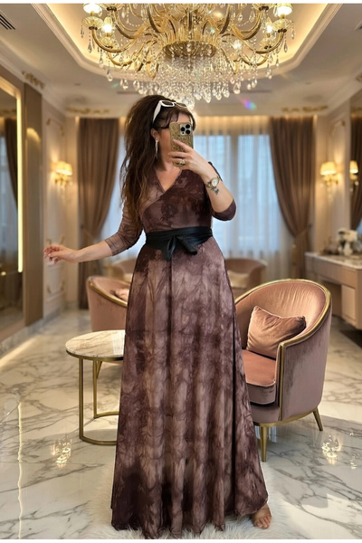 AZRA BUTİK Full Length Coffee Wave Pattern Dress