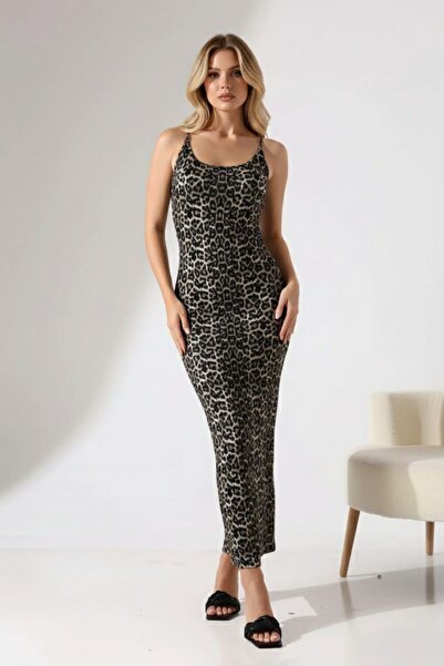 End Black Store Leopard Patterned Sandy Fabric Strap Back Detailed Long Dress