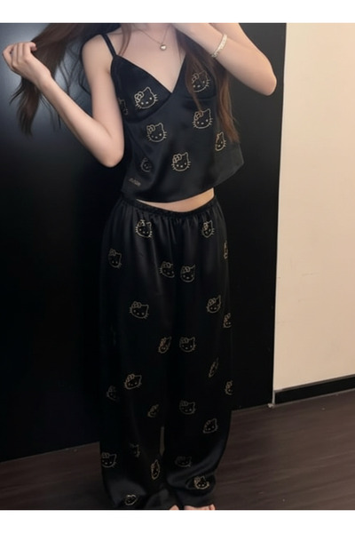 BALİNA Siyah Hello Kitty Taş Detaylı Saten Homewear Pijama Takımı