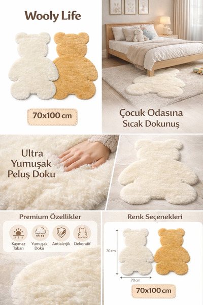 WOOLY LIFE Peluş halı Ayıcık desen 70x100 paspas çocuk odası