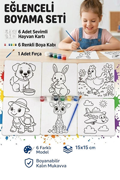 NEWPARİ Çocuk Eğitici Eğlenceli Boyama Seti 6 'lı Boyama Kartı 6 Renkli Boya ...
