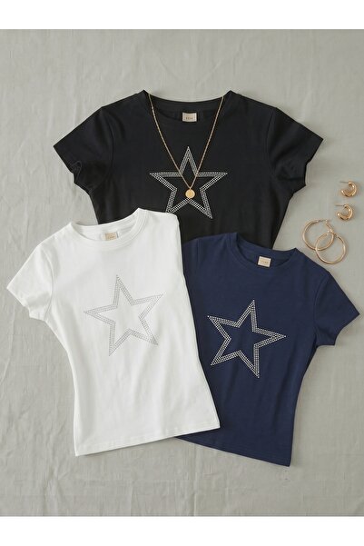 NİCE 3-Piece Women's Star Patterned Stone Printed - Lycra Short Sleeve Body T...