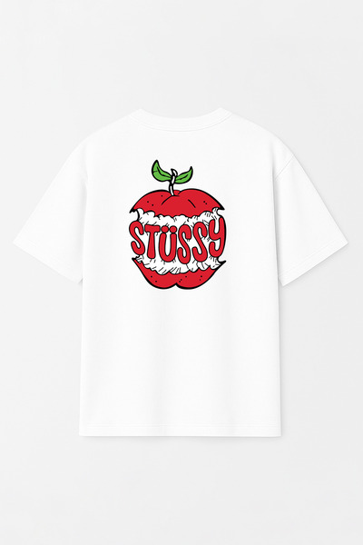 THE RULE Unisex Stüssy Apple Printed Oversize 100% Cotton Wide Cut Textured C...