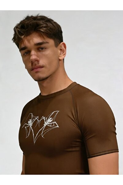 Yokedwear kalp örümcek Compression Dar / Slim Kalp Yaka Tişört kahverengi Uni...
