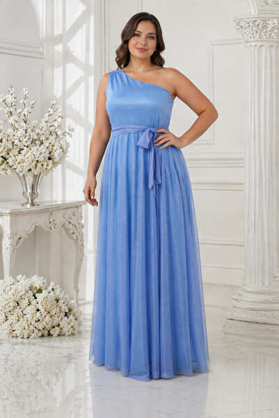 IŞILTI Γυναικείο μάξι μπλε βραδινό φόρεμα με λεπτομέρεια από γκλίτερ και λάμψ...