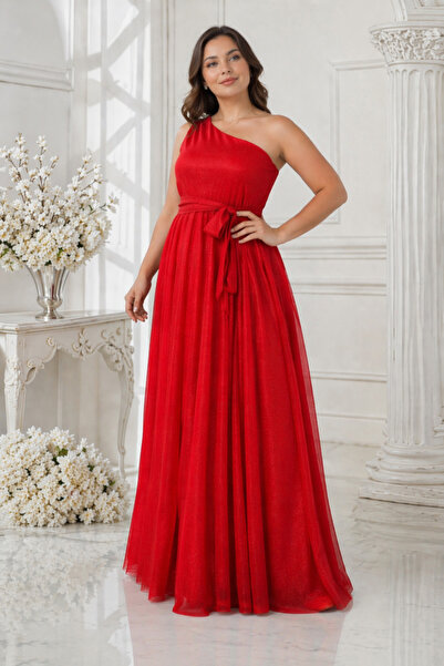 IŞILTI Γυναικείο μάξι κόκκινο βραδινό φόρεμα με λεπτομέρεια από γκλίτερ και λ...