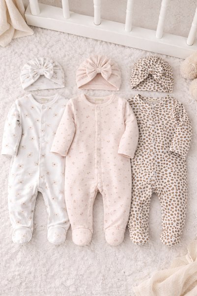 My Babies Label طقم مكون من 6 قطع من بدلة وقبعة للفتيات الصغيرات - مزيج قطن 100% لحديثي الولادة (0-3 أشهر)