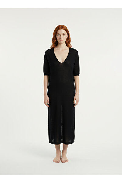 Neden Tekstil Γυναικείο μαύρο πλεκτό φόρεμα μίντι με λαιμόκοψη V