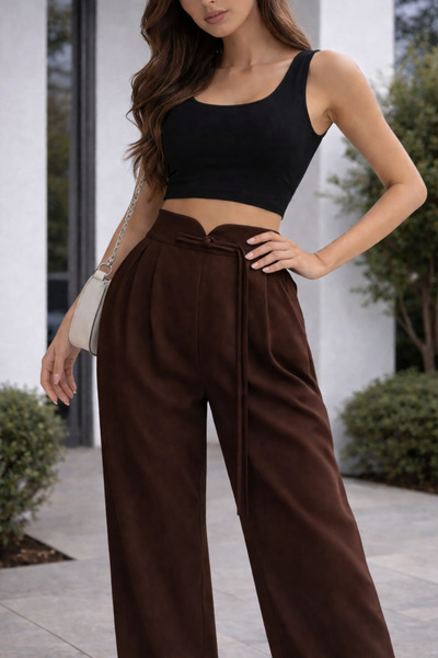 polle Γυναικείο καφέ παντελόνι παλάτσο με λεπτομέρεια από κορδόνι σε σχήμα V ...