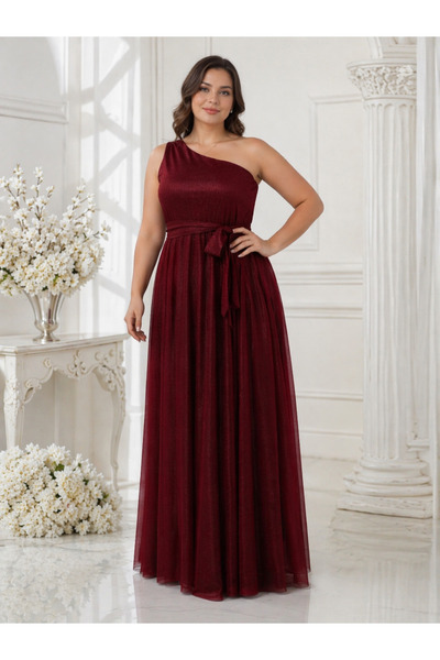 IŞILTI Γυναικείο βραδινό φόρεμα μάξι μπορντό με λεπτομέρεια από γκλίτερ και λ...