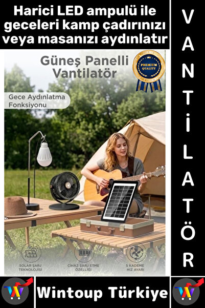 Wintoup #Vantilatör Kamp Piknik Yoğun Üflemeli Güneş Panelli Şarjlı Ampullü 5...