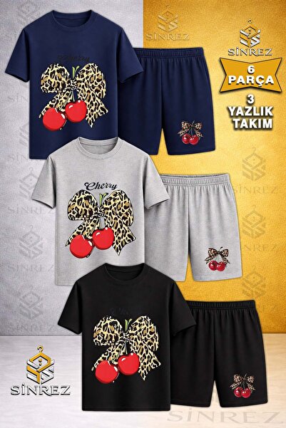 SİNREZ Çocuk KIRAZ LEOPAR KURDALE CHERRY YAZI Baskılı Bisiklet Yaka 3 Lü Tişö...