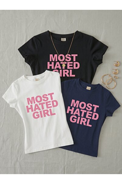 NİCE 3-Pack Women's Most Hated Girl Printed - Lycra Short Sleeve Body Tee Crop