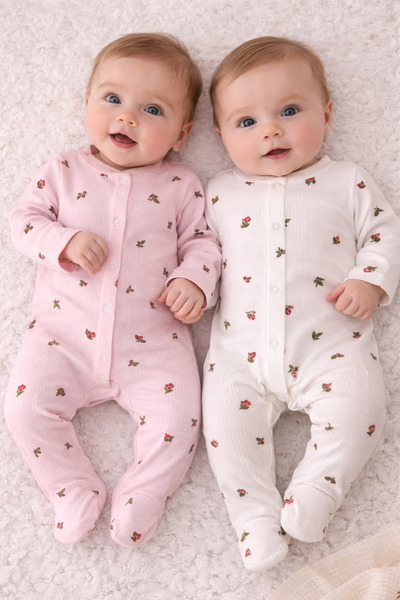 My Babies Label 2-Piece Baby Girl Floral Patterned Jumpsuit – 100% Cotton Rib...