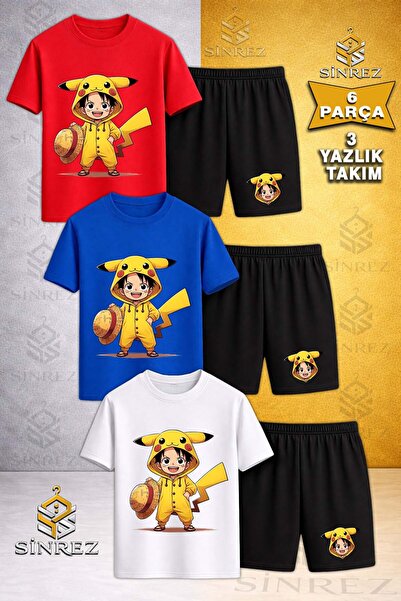 SİNREZ Children's Pirate Pokemon Printed Crew Neck 3-Piece T-Shirt - Shorts Set