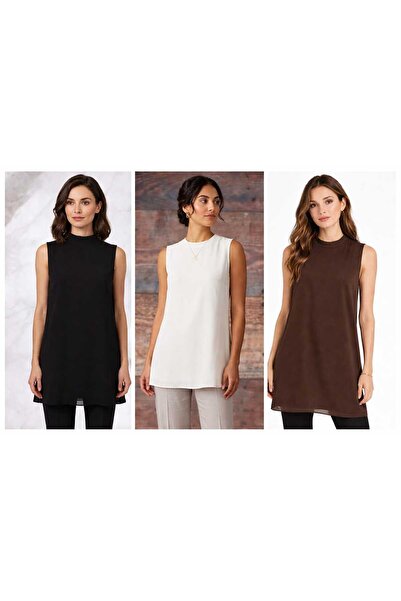 Puane Women's Brown - Ecru and Black 3-Piece Set Sleeveless Tunic Undergarmen...