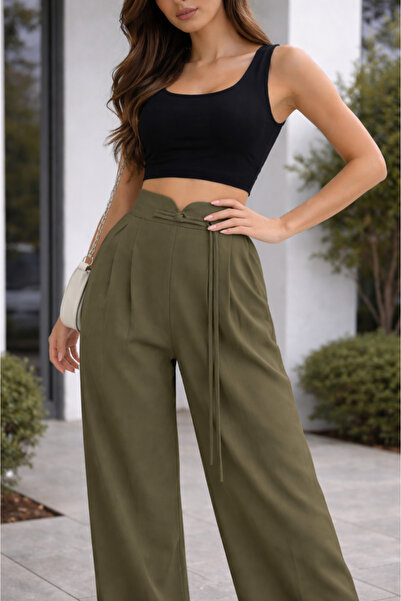 polle Γυναικείο ψηλόμεσο παντελόνι Palazzo σε χρώμα χακί με λεπτομέρεια από κ...