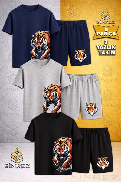 SİNREZ تي شيرت للأطفال مطبوع عليه TIGER SIDE PENCE برقبة دائرية مكون من 3 قطع...