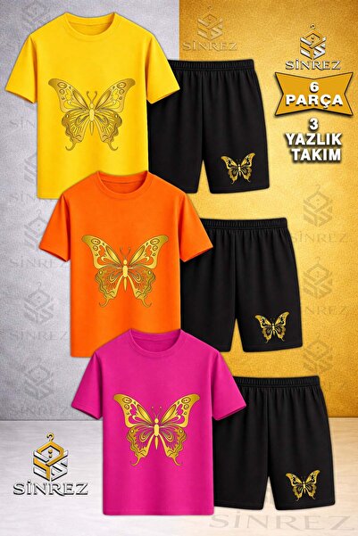 SİNREZ Tricou pentru copii BUTTRFLY GOLD COLOR cu imprimeu, cu gât rotund, 3 ...