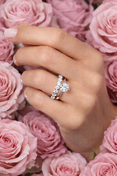 Crystal Diamond Zirconia 14 ayar beyaz altın kaplama tamtur ve tektaş yüzük