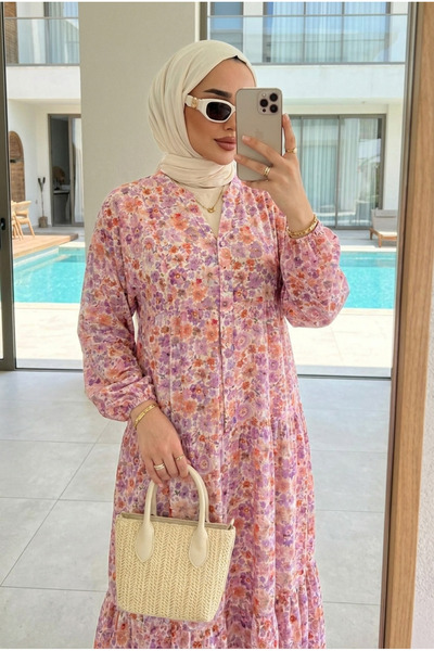 Kirazca Butik Γυναικείο μακρύ φόρεμα χιτζάμπ από ύφασμα Premium Modal με φλορ...