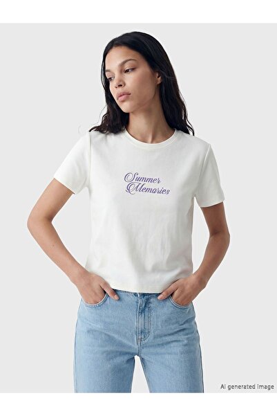 LC Waikiki Γυναικείο μπλουζάκι με στάμπα LCW Vision Crew Neck