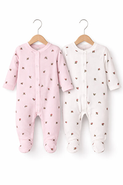 My Babies Label 2’li Kız Bebek Çiçek Desenli Tulum – %100 Pamuk Ribana Kumaş