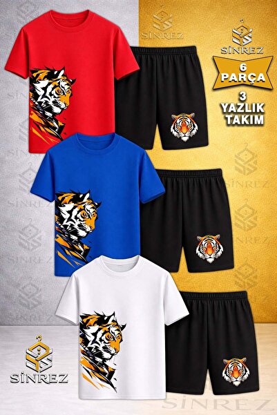 SİNREZ Tricou pentru copii, 3 piese, cu imprimeu TIGER SAG LOOKING HEAD, cu g...