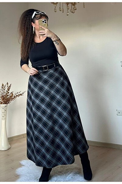 AZRA BUTİK Καρό φούστα με ζώνη, μαύρη