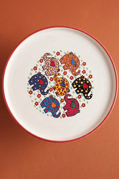 evcime El Yapımı Ayaklı Seramik Sunum Tabağı & Pasta Standı-Kırmızı Renkli Fil Desenli-20 cm-Kırmızı Beyaz
