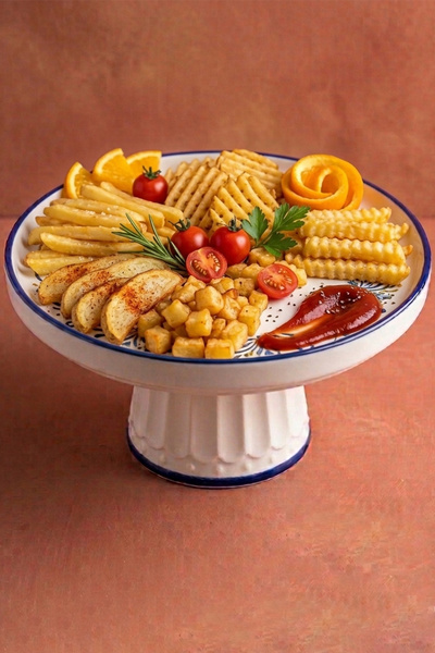 evcime El Yapımı Ayaklı Seramik Sunum Tabağı & Pasta Standı-Mavi Renkli Balık Desenli-20 cm-Mavi Beyaz
