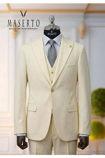 MASERTO Erkek Tek Düğme Krem Slim Fit Yelekli Takım Elbise
