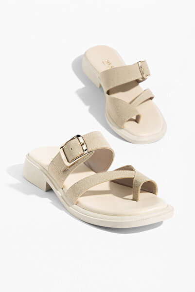 MS SUGAR SHOES Papuci de damă minimaliști din piele intoarsa cu cataramă aurie
