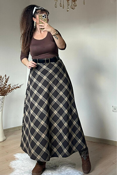 AZRA BUTİK Καρό φούστα με ζώνη σε καφέ χρώμα
