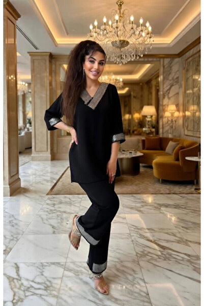 AZRA BUTİK Σετ με πέτρες στα μπατζάκια και στο γιακά