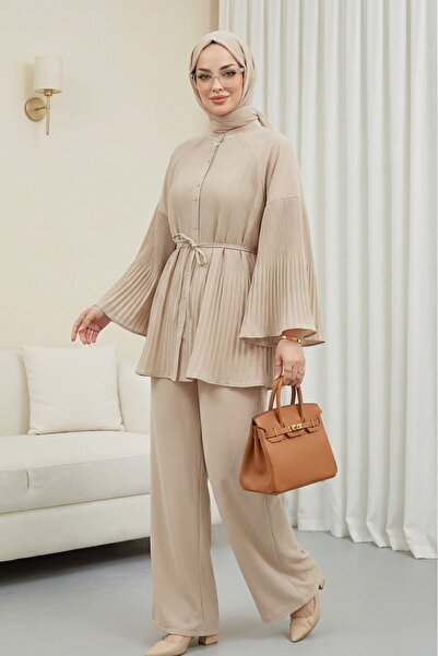 Modamorfo Πλισέ Κοστούμι Κρεπ με Κουμπιά στο Γιακά - μπεζ