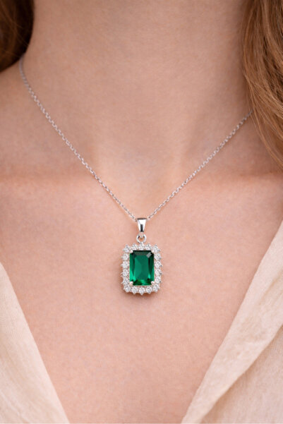 TASLİDUSLERJEWELRY 925 Ayar Gümüş Zümrüt Görünümlü Zirkon Taşlı Dikdörtgen Ko...