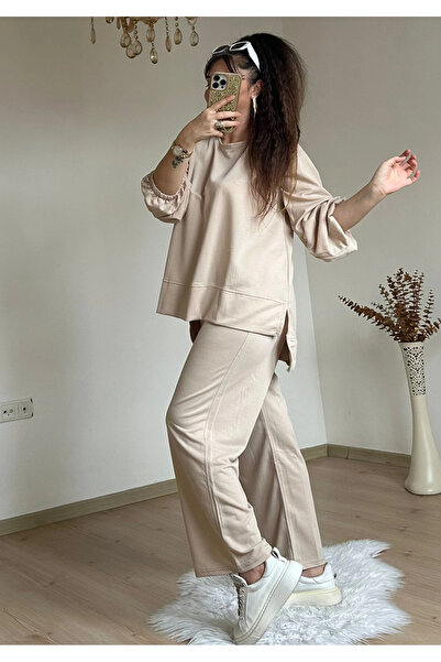 AZRA BUTİK Αθλητική φόρμα με πλαϊνά σκισίματα σε μπεζ χρώμα