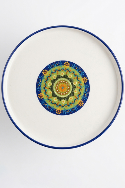 evcime El Yapımı Ayaklı Seramik Sunum Tabağı & Pasta Standı - Mandala Desenli - 20 cm - Mavi Yeşil Beyaz