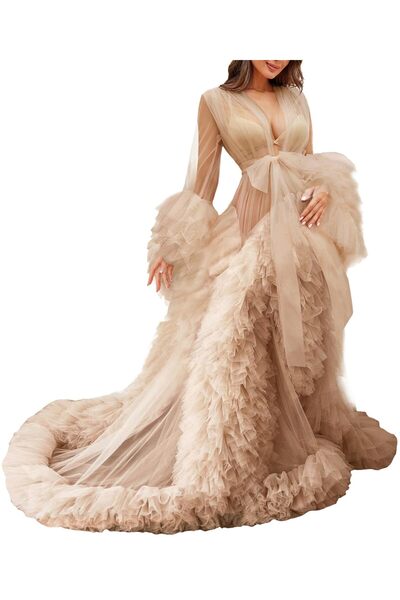 OEM Φόρεμα εγκυμοσύνης από τούλι, σε στυλ κιμονό, σε χρώμα nude, L