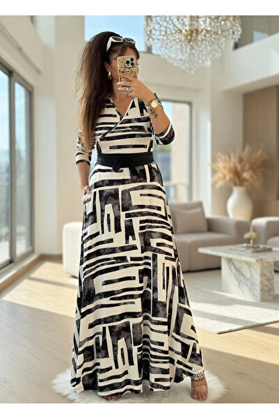 AZRA BUTİK Ολόσωμο γκρι φόρεμα με γεωμετρικό σχέδιο