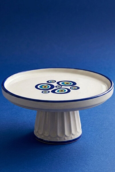 evcime El Yapımı Ayaklı Seramik Sunum Tabağı & Pasta Standı - Nazar Boncuğu Desenli - 20 cm - Mavi Beyaz
