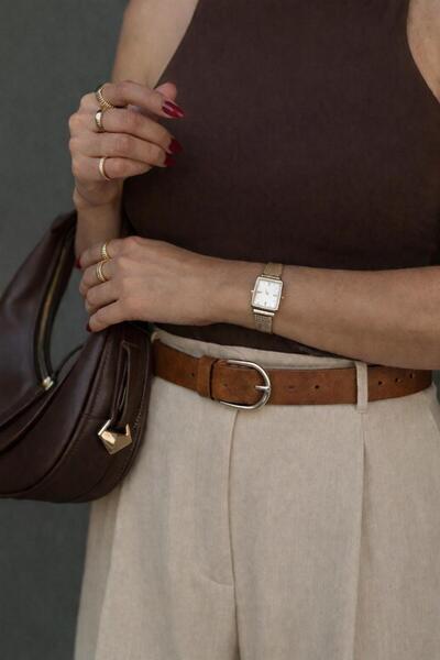 Pratsska - Women's Brown Faux Leather Belt with Silver Buckle