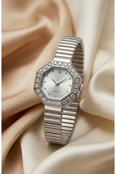 KLISHE Butik Women's Steel Watch Silver Color Stone Octagonal Case Vintage Lu...