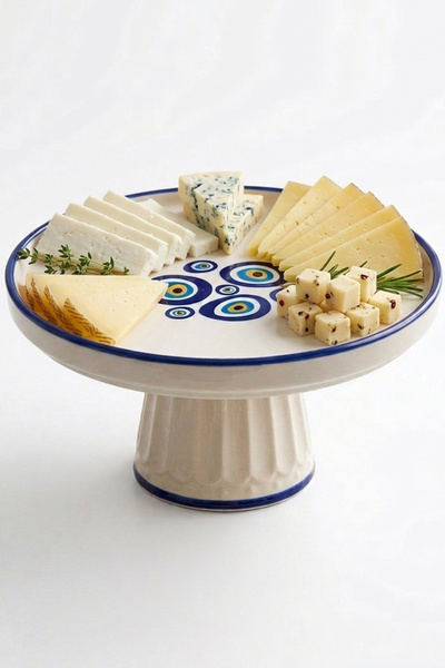 evcime El Yapımı Ayaklı Seramik Sunum Tabağı & Pasta Standı - Nazar Boncuğu Desenli - 20 cm - Mavi Beyaz